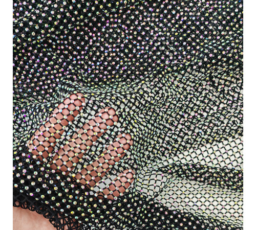 02-2 Черная крупно-ячеестая сетка со стразами, стразы Crystal AB 